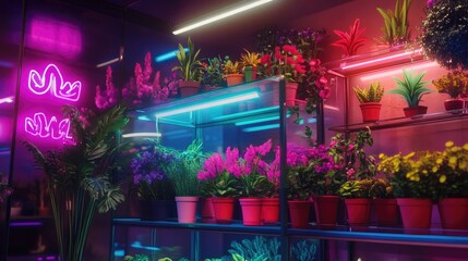 Neon Nights Greenhouse: A vibrant display of plants bathed in neon lights, creating a surreal and captivating atmosphere.
