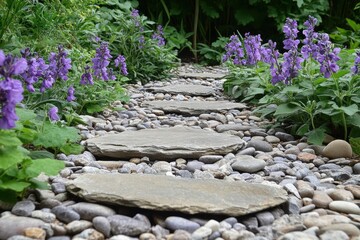 Serene Garden Path of Stepping Stones and Purple Flowers