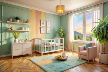 Serene pastel nursery: modern crib, built-in storage, cozy rug.  Peaceful baby room.
