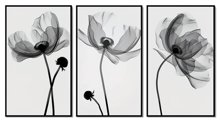 Naklejka premium Set of three vertical posters featuring minimalist flower with delicate smoky Line Art, Each poster showcases the elegance of the simple floral design with artistic smoky lines, Minimalist flower patt