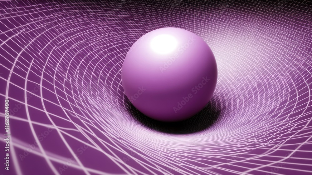 Poster pink sphere in a warped grid, abstract 3d rendering.