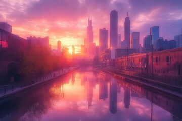 Obraz premium Chicago Cityscape Sunrise Reflection