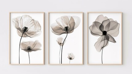 Set of three vertical posters featuring minimalist flower with delicate smoky Line Art, Each poster showcases the elegance of the simple floral design with artistic smoky lines, Minimalist flower patt