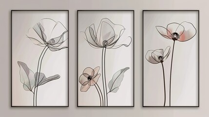 Set of three vertical posters featuring minimalist flower with delicate smoky Line Art, Each poster showcases the elegance of the simple floral design with artistic smoky lines, Minimalist flower patt