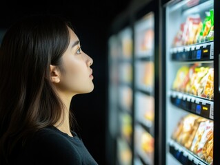 Young woman gazing intently at a vending machine filled with various snacks and beverages in a dimly lit environment, showcasing curiosity and decision-making moments.