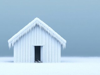 Isolated Snowy House in Winter Landscape with Icicles Hanging from the Roof and a Tranquil Blue Sky Background Creating a Serene Atmosphere of Cold and Stillness