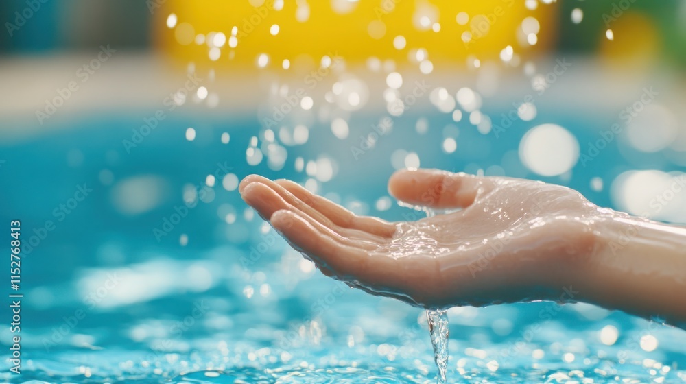 Poster close-up of a hand catching water drops with a sparkling background in a pool, creating a sense of r