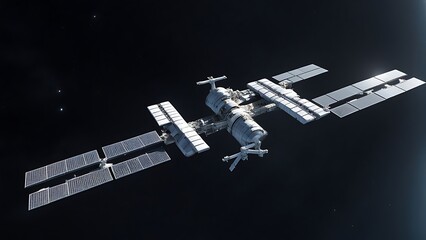 A space station composed of simple geometric shapes, hovering in the vast emptiness of space.