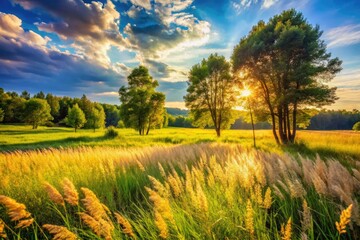Serene tall grass meadow, peaceful countryside scene. Summer trees frame a calm, sun-drenched landscape.