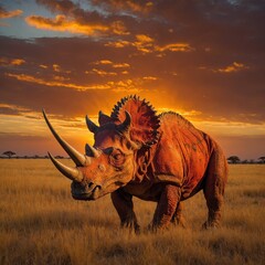 Fototapeta premium A fiery red and orange-feathered Triceratops grazing in a golden savanna under a vivid sunset.