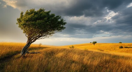 Fototapeta premium Lone tree bending in wind on golden grassy hill under cloudy sky