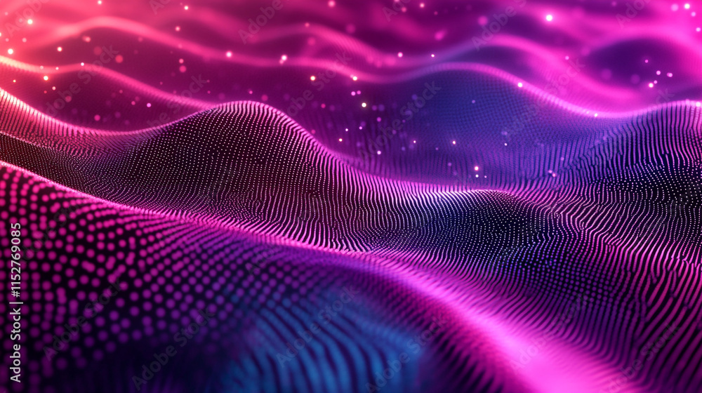 Poster abstract purple and pink waves with glitter effects on a dark background of particles flowing dynami