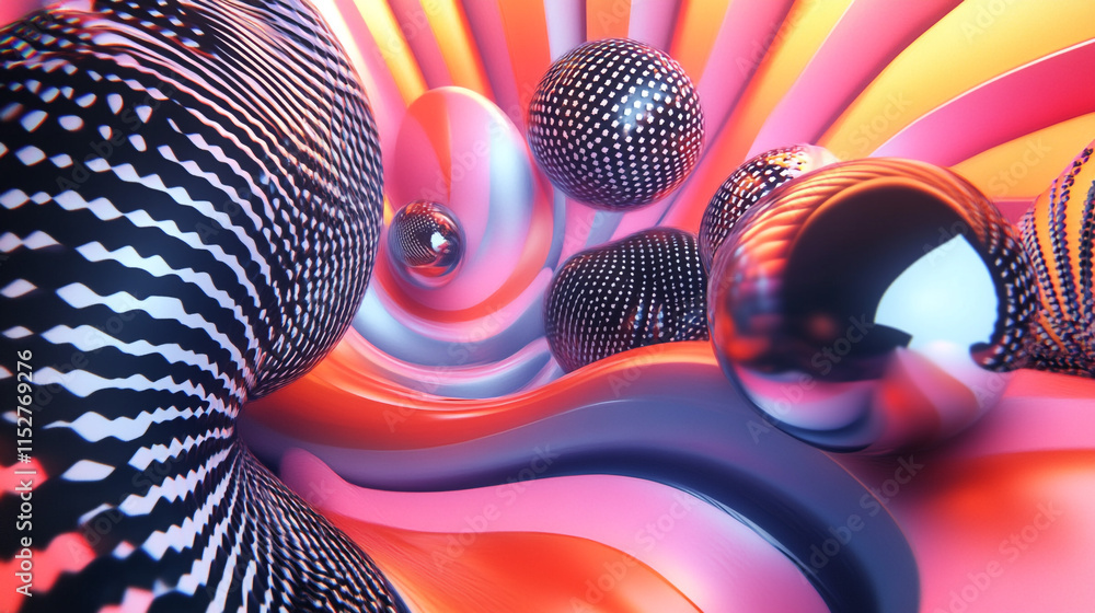 Poster abstract colorful spheres with wavy background. a vibrant composition featuring textured spheres and