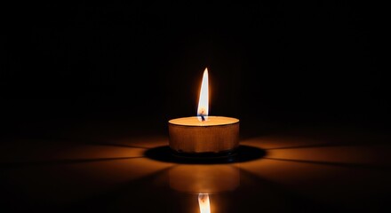 Single candle flame illuminates darkness, casting soft reflections and shadows