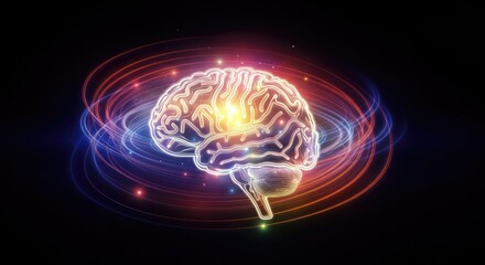 Colorful, glowing brain illustration with radiating light and energy waves against dark background