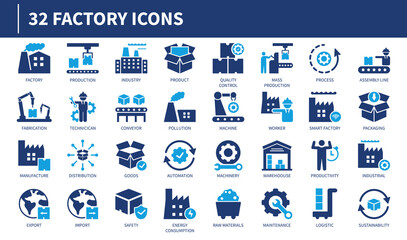 Vector icon collection of factory designs, including machinery, automation, production, and industry elements in a clean style