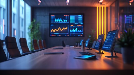 A professional coworking area with sleek wooden desks featuring colorful analytics charts and tablets displaying real-time data, surrounded by modern ergonomic chairs, soft ambient lighting,