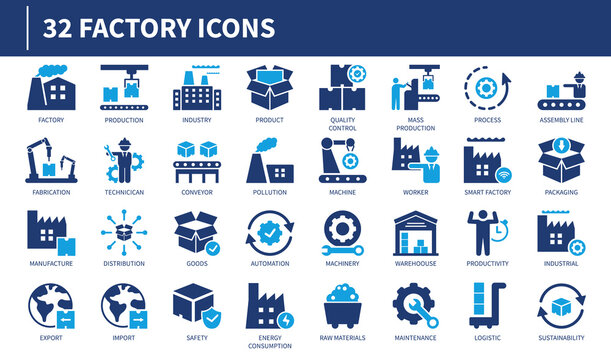 factory icon set, solid style, vector illustration