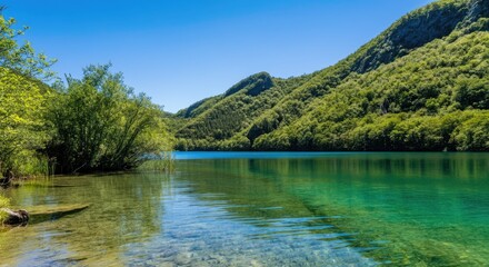 Serene lake with clear water, surrounded by lush, green mountains under bright blue sky