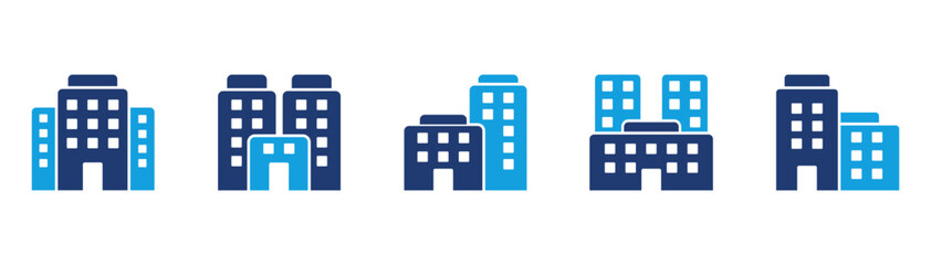 Icon collection of hospital building designs including modern structures and healthcare facilities in a clean style

