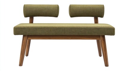 Olive green fabric bench with two headrests and mid-century modern wooden legs.