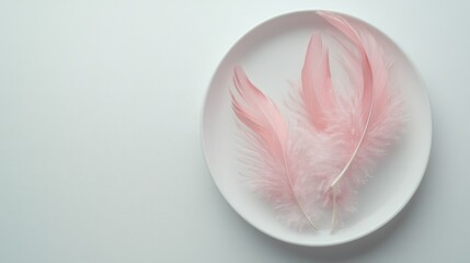 Soft pink feathers elegantly positioned on a flat white dish, a symbolic minimal concept for diet or simplicity, with clear background and copy space