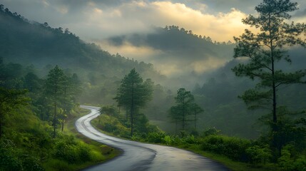 Scenic forest road surrounded by lush trees and natural light, perfect for travel, nature, or adventure themes.