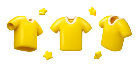 Yellow t-shirt cartoon vector 3d icon set. Sport or youth fashion. Simple t shirt in different positions isolated on white background. Clothing store concept, sports uniform