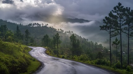 Scenic forest road surrounded by lush trees and natural light, perfect for travel, nature, or adventure themes.