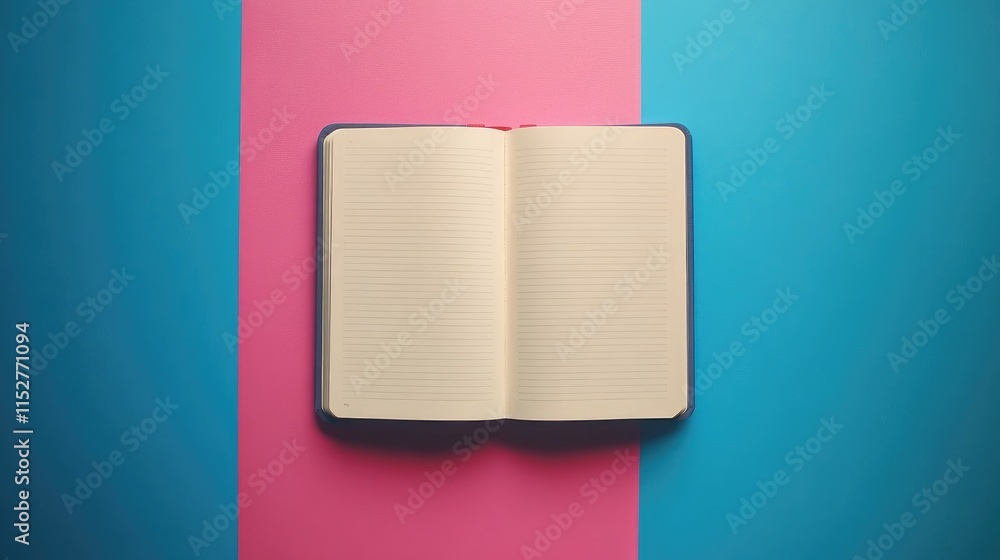 Poster top view of a blank notebook open on a vibrant background, minimalist design with ample space for co