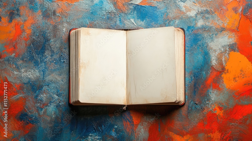 Poster top view of a blank open sketchbook on a vibrant background, clean layout with ample copy space, ide