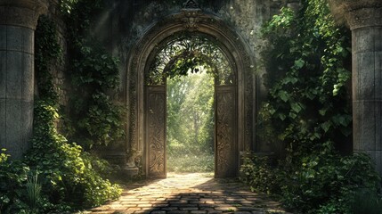 Obraz premium Enchanted Forest Gateway: A Mystical Stone Archway Overgrown with Lush Greenery