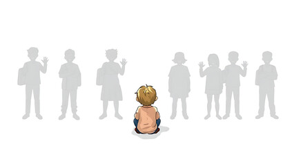“Illustration Addressing Bullying in Schools” – A depiction of a child sitting alone with shadows of mockers behind them, symbolizing school bullying, on a white background.
