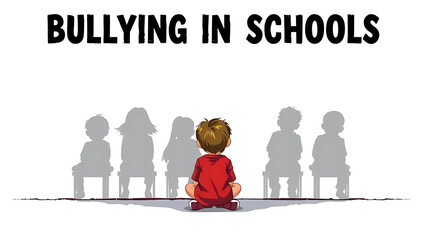 “Illustration Addressing Bullying in Schools” – A depiction of a child sitting alone with shadows of mockers behind them, symbolizing school bullying, on a white background.
