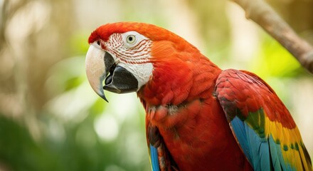 Obraz premium Vivid macaw parrot with striking red, blue, and yellow feathers in natural setting