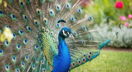 Obraz premium Majestic peacock displaying vibrant, colorful feathers in garden