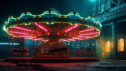 A Mesmerizing Nighttime View of an Abandoned Carousel Surrounded by Neon Lights