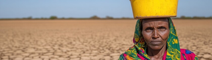 Fototapeta premium Woman Carrying Water on Head in Drought-Stricken Landscape, Highlighting Challenges of Climate Change and Water Scarcity in Rural Areas