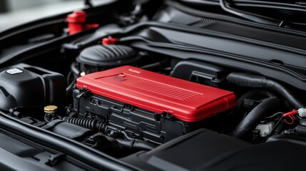 Fototapeta premium Red Engine Component in a Modern Vehicle with Sophisticated Design and Performance Features