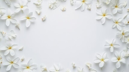 Top view of vibrant Plumeria flowers against a white backdrop, leaving plenty of open space for text or creative additions