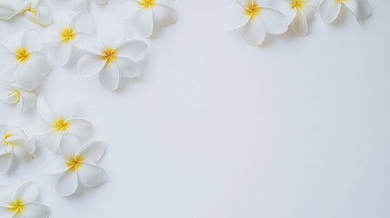 Top view of vibrant Plumeria flowers against a white backdrop, leaving plenty of open space for text or creative additions