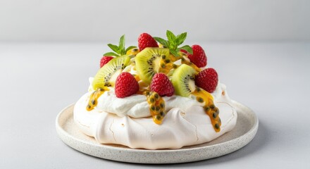 Pavlova topped with kiwi, raspberries, and passion fruit on white plate