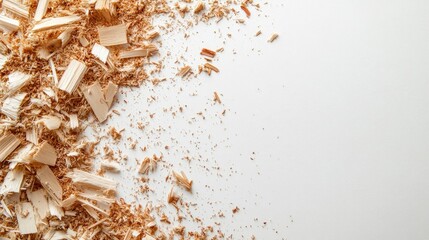 Top view of wood sawdust and shavings scattered on a white surface, natural textures and fine details isolated with generous copy space