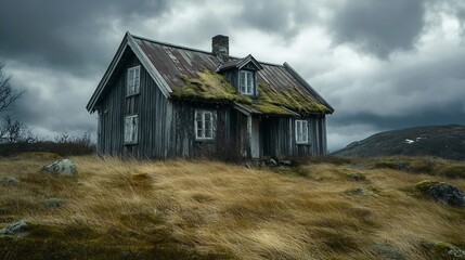 Obraz premium Abandoned House on a Windy Hillside Under a Stormy Sky