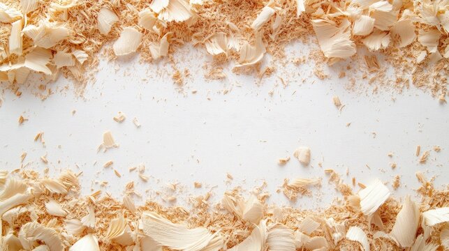 Top view of wood sawdust and shavings scattered on a white surface, natural textures and fine details isolated with generous copy space