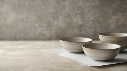 Traditional ceramic bowls arranged on a paper surface, with a soft focus and ample space for copy or promotional messages
