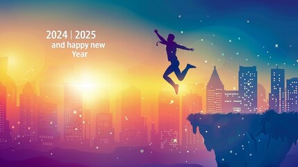 Silhouette of a man jumping joyfully over a city skyline at sunset, celebrating the new year 2024-2025.