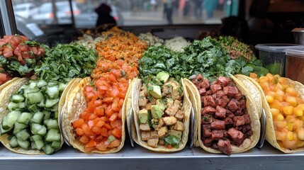 Obraz premium A vibrant display of tacos with various fresh toppings in a food stall.