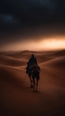 Silhouette of a person riding a camel through golden desert at sunset.