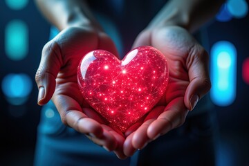 Illuminated Red Heart Symbolizing Love and Passion, Perfect for Valentine's Day Cards, Gifts, and Romantic Decorations